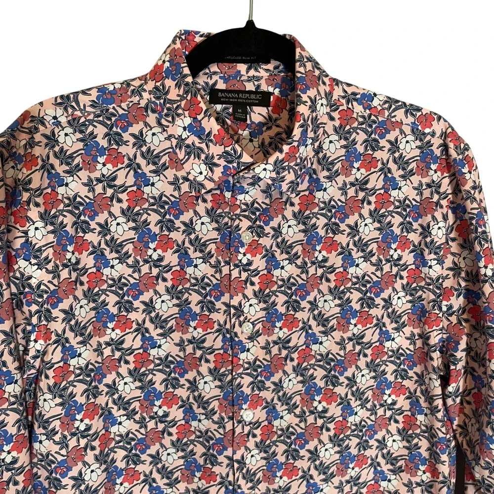 Banana Republic Mens 100% Cotton Pink Floral Non-Iron Untucked Slim Fit Shirt  M